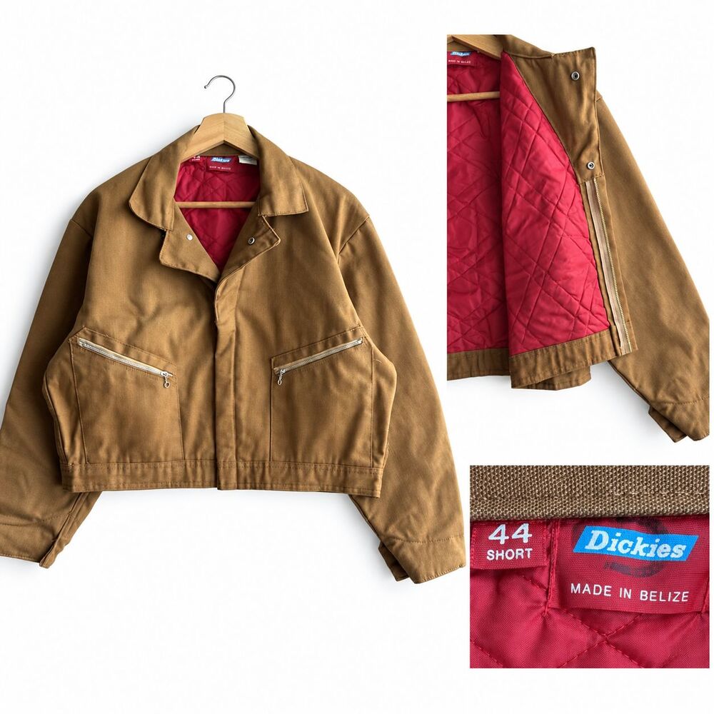 VTG Dickies Detroit Jacket Short Cropped Tan Red Quilted Large 44 Short Boxy